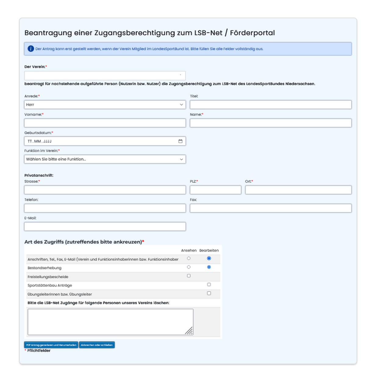 Screenshot Beantragung Zugang LSB-Net