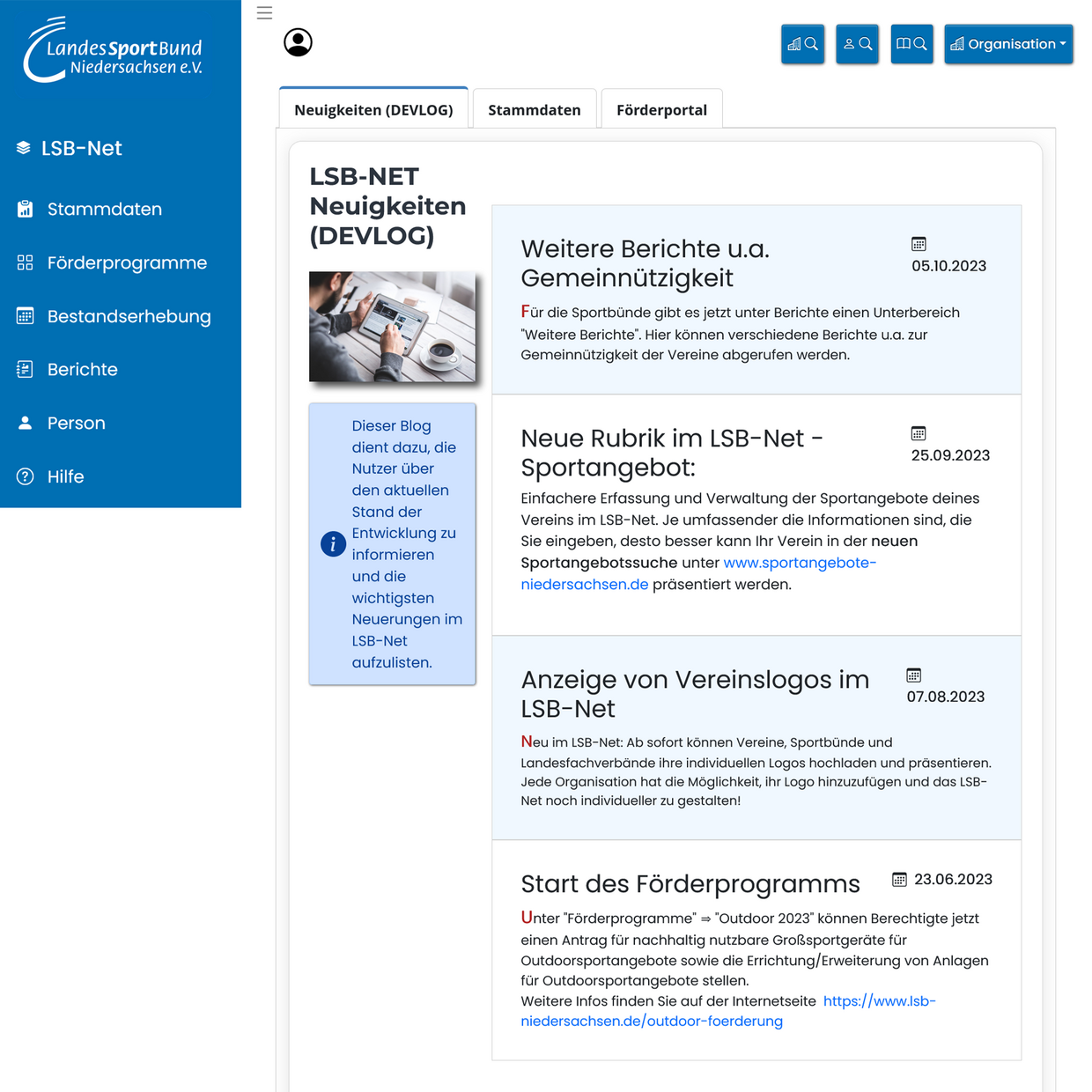 Screenshot Intranet LandesSportBund Niedersachsen e.V. (LSB-Net)