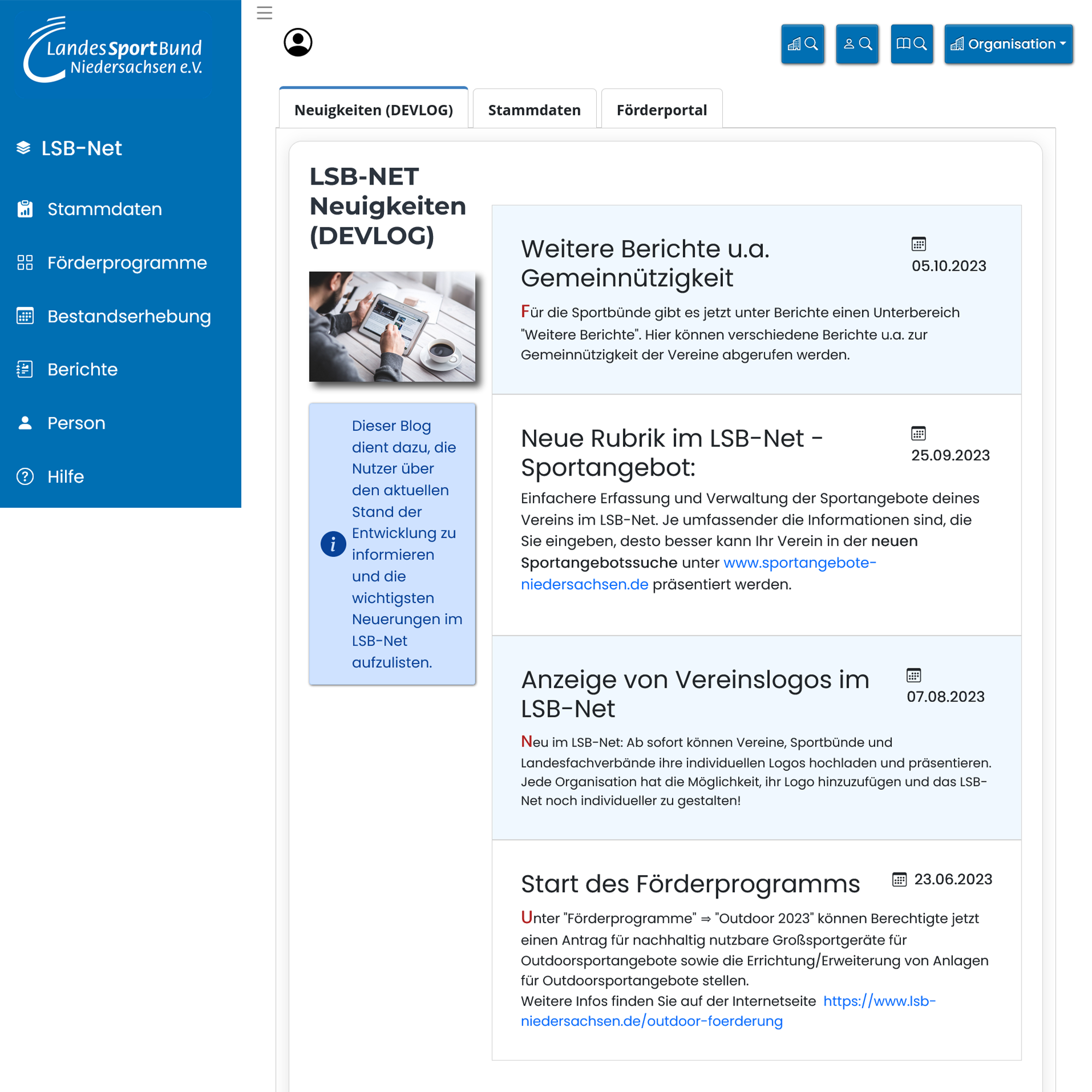 Screenshot der Startseite LSB-Net